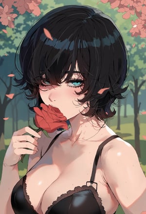 Generate hyper realistic close portrait of a beautiful girl, short messy black hair with a punk cut, tanned skin, in the park, flower fetals and leaves are falling around, wearing black brak, holding a rose, very detailed beautiful blue eyes. Very detailed, provocative face, (dynamic provocative pose),   soft colors artwork, hight detailed,flat colors