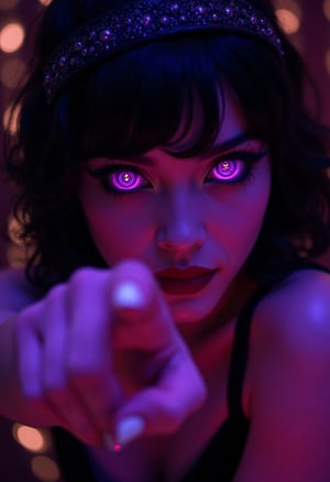 Close up image of A young woman wearing 1920s celebrity outfit, her eyes are glowing violet, her hair style is 1920s, slight smile, sensuous lips, wet skin, the finger is pointing at the viewer, the nails are glowing, the background is demon's altar in Netherworld style,ligne_claire