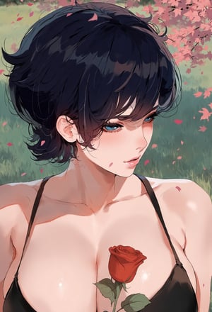 Generate hyper realistic close portrait of a beautiful girl, short messy black hair with a punk cut, tanned skin, in the park, flower fetals and leaves are falling around, wearing black brak, holding a rose, very detailed beautiful blue eyes. Very detailed, provocative face, (dynamic provocative pose),   soft colors artwork, hight detailed,flat colors