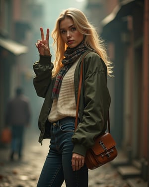 art by Eadweard Muybridge and Alberto Seveso, portrait, close up of a hot young woman with oriental face and blond hair, 🤧, wearing top: cream-colored oversized knit sweater bottom: dark wash skinny jeans footwear: black ankle booties accessories: crossbody bag and a patterned scarf outerwear: olive green bomber jacket, peace sign pose, Smoky Conditions, shallow depth of field, Qajar Art, Electic Colors, glowing, contemporary fine detail, epic, cinematic perfect intricate stunning fine detail, highly color focused