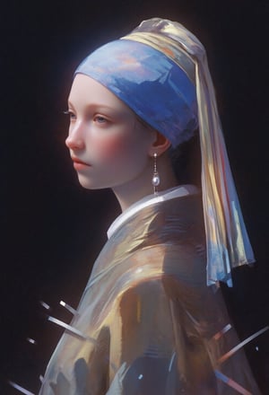 Vermeer, Girl with a Pearl Earring. (Masterpiece, top quality, best quality, official art, beautiful and aesthetic:1.2),(1girl:1.4), extreme detailed,(colorful:1.3),highest detailed, weird futuristic fashion 