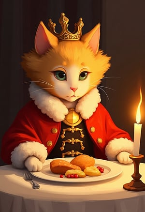 A cat with blonde curly hair wearing royal outfit having dinner with a candle on the dining table,SamYoung_Illustration