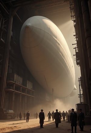 a monumental scene from the early days of aviation. A colossal, egg-shaped airship, dwarfing the surrounding buildings and machinery, stands majestically within a massive hangar. Its smooth, white skin is partially obscured by a cloud of dust, suggesting it has just been unveiled. The hangar itself is a marvel of engineering, with towering metal beams and scaffolding supporting the immense weight of the airship. A group of men, dressed in suits and ties, stand in the foreground, dwarfed by the colossal vessel. Their expressions convey a mix of awe and wonder, reflecting the groundbreaking nature of this technological marvel. The scene is bathed in warm sunlight, casting long shadows across the ground and emphasizing the scale of the airship. The overall atmosphere is one of anticipation and excitement, as the image captures the spirit of innovation and exploration that characterized the early 20th century.