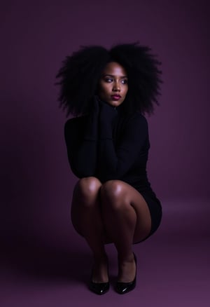 shoulder level shot, Mbali, Sitting with crossed legs, her hair is Black, Monochromatic purple filter, contemporary fine detail, fine detail, ambient background, dramatic, very coherent, imposing, beautiful composition, rich deep colors, set logical ambient background, ambient, holy, very