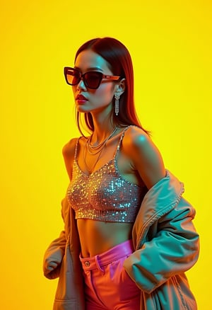 shoulder level shot, painting, stunning korean woman with sensual lips and pretty eyes, neon style, dressed in top: a sequined or metallic crop top that catches the light. bottoms: high-waisted leather pants or a colorful pleated midi skirt. shoes: bold platform heels or chunky combat boots for a fun contrast. accessories: statement sunglasses and layered necklaces for added flair. layer: a colorful oversized bomber jacket or a long, flowing duster coat. Sharp and in focus, Movie still, in the style of the birth of venus, by Todd Hido, Peter Holme III, light yellow background, surreal, pure, highly decorated, perfect background, romantic, rich vivid colors