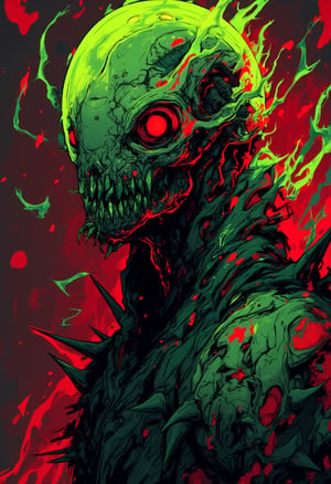 a menacing,otherworldly creature clad in a sleek,biomechanical suit. Its helmet,a translucent dome,reveals a grotesque,demon-like face with glowing red eyes and a wide,toothy grin. Sharp,angular protrusions adorn its body,resembling a fusion of organic and mechanical elements. The creature's color palette is a striking contrast of neon green and crimson,further emphasizing its sinister nature.,kawaiicolors, texture