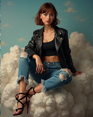 painting, POV shot of a stunning young lady with blue eyes and short straight brunette hair, wearing top: fitted black crop top bottom: high-waisted distressed jeans footwear: strappy heeled sandals accessories: hoop earrings and a sleek clutch outerwear: oversized leather jacket, perched on a cloud, art by Taylor Wessing, expressive and emotive sculptures, working-class themes, raw and brutal art, ambient background, fantastic aesthetic, dynamic composition, highly decorated, fine polished, perfect background