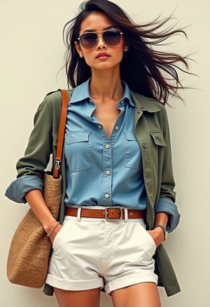 portrait, close up of a Brigitte Lin wearing Light blue chambray shirt, White linen shorts, Tan espadrilles, Woven straw bag, aviator sunglasses, and Khaki utility jacket (if it gets chilly), Detailed illustration, dramatic lighting, by Mark Keathley, perfect composition, fine detail, colorful, intricate artistic color, intricate, rich vivid colors, very coherent, creative, quality, luxury, sharp focus, fantastic aesthetic