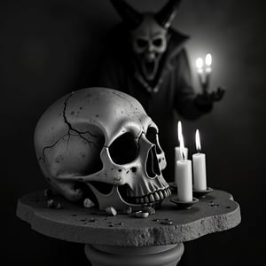 A worn, ancient Santa Muerte skull lies shattered on a weathered stone pedestal, its cracked surface reflecting the dim, eerie glow of candles. In the background, a demonic visage emerges from the shadows, its twisted features illuminated by an otherworldly light. The stark black and white tones evoke a sense of foreboding, as if the very fabric of reality is unraveling.