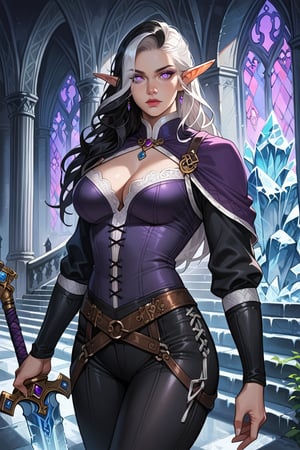 Prompt: score_9, score_8_up, score_7_up, source_anime, detailed illustration, fantasy themed, ice castle, 1girl, solo, long black hair, straight hair, black hair, (streaked hair), ((white streaks)), (streak of white hair), looking at viewer, queen, sexy, serious, purple eyes, ((glowing eyes)), elf, fey queen, silver jewelry, indoors, pale skin, 8k, elf ears, beautiful, cold, intimidating, fit, toned, ((very dark room:1.2)), medieval clothes, purple clothes, white fur, sexy pants, tight pants, black pants, holding a sword, ice sword, warrior