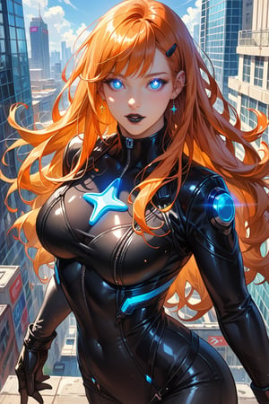 score_9, score_8_up, score_7_up, source_comics, detailed illustration, superhero themed, city outdoors, 1girl, solo, orange hair, long hair, bangs, blue eyes, (((glowing eyes))), black leather supersuit with pants, black leather, superhero, parted lips, sexy eyes, 8k, fit, toned, black lips black lipstick, beautiful, star symbol in the center of chest, star symbol on supersuit