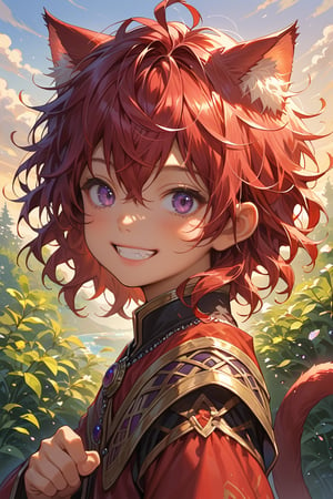 Score_9, score_8_up, score_7_up, source_anime, detailed illustration, fantasy themed, sunset, magical forest, outdoors, from side, 1boy, solo, red hair, medium length hair, messy hair, curly hair, child, looking at viewer, purple eyes, ((catboy)), cat ears, red ears, red cat ears, red cat tail, tan skin, cute, grin, ((hair covering ears)), medieval clothes, bangs, hair between eyes, happy, dynamic pose