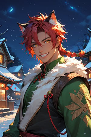 Score_9, score_8_up, score_7_up, source_anime, detailed illustration, fantasy themed, ((night, night sky)), snowy town, outdoors, from side, 1boy, solo, red hair, tan skin, looking at viewer, gold eyes, ((rogue)), chinese clothes, fur lined clothes, warm clothes, dynamic pose, upper body, cat ears, black cat ears, fit, hair between eyes, grin