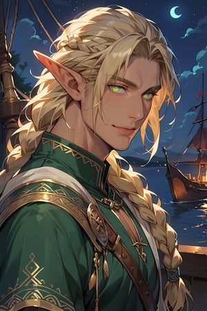 score_9, score_8_up, score_7_up, source_anime, detailed illustration, fantasy themed, ((night, night sky)), window, from side, 1boy, solo, long hair, looking at viewer, masculine, green eyes, silver spear, painter's shirt, blonde, elf, eladrin, viking braids, upper body, ((very dark room:1.2)), outdoors, sailing ship deck, glowing eyes, tan skin, 8k, blonde long hair, elf ears, handsome, beautiful smile
