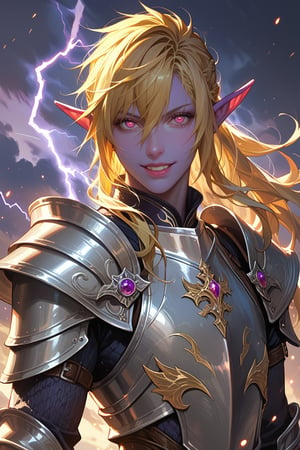 score_9, score_8_up, score_7_up, source_anime, detailed illustration, fantasy themed, lightning storm, 1girl, solo, upper body, ((yellow hair)), lighting farron, ffxiii final fantasy 13, long hair, bangs, hair between eyes, parted on the side, cocky grin, ((purple skin)), colored skin, ((glowing eyes)), magenta eyes, elf, elf ears, outdoors, 8k, fit, toned, silver armor, full armor, beautiful, sexy eyes, ((knight)), flat chested