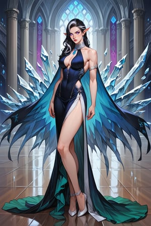 Prompt: score_9, score_8_up, score_7_up, source_anime, detailed illustration, fantasy themed, ice castle, ballroom, full body, from side, 1girl, solo, long black hair, straight hair, black hair, (streaked hair), ((white streaks)), (one streak of white hair), tall, queen, sexy, serious, purple eyes, ((glowing eyes)), elf, fey queen, silver jewelry, indoors, pale skin, 8k, elf ears, beautiful, cold, intimidating, fit, dark indigo ballgown