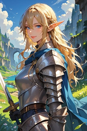 score_9, score_8_up, score_7_up, source_anime, detailed illustration, fantasy themed, from side, 1girl, solo, bangs, blue eyes, silver armor, hair between eyes, dynamic shadows, outdoors, 8k, blonde long hair, knight, fit, beautiful smile, half elf, slightly pointed ears, blue cape, holding a sword, holding a shield, breastplate