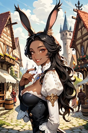 Score_9, score_8_up, score_7_up, source_anime, detailed illustration, fantasy themed, medieval village, outdoors, from side, 1girl, solo, black hair, long hair, looking at viewer, brown eyes, slender, upper body, ((viera)), bunny ears, gambling den, playing cards, ((very dark skin)), black skin, beautiful face, soft smile, kind, jewelry, mother, (hair covering ears), medieval dress