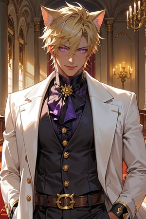 score_9, score_8_up, score_7_up, source_anime, detailed illustration, ballroom, indoors, 1boy, solo, blonde, short hair, bangs, purple eyes, ((glowing eyes)), revolver, gunbelt, hair between eyes, hair covering ears, cocky smile, handsome, white coat, formal clothes, catboy, cat boy, tan skin, 8k, blonde cat ears, fit, full body, blonde cat tail