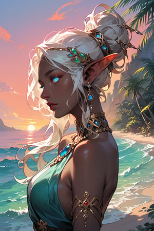 Score_9, score_8_up, score_7_up, source_anime, detailed illustration, fantasy themed, ((sunset, sunset sky)), tropical beach, outdoors, from side, 1girl, solo, white hair, long hair, tied back, bun, hair over shoulder, looking at viewer, blue eyes, glowing eyes, nonbinary, slender, red dress, upper body, elf ears, pointy ears, dark elf, ((dark skin)), black skin, ((noble, noblewoman)), calm, kind, jewelry