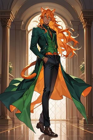 score_9, score_8_up, score_7_up, source_anime, detailed illustration, ballroom, from side, full body, 1boy, solo, long hair, orange hair, wild hair, green eyes, (((glowing eyes))), green shirt, ((black tailcoat)), formal clothes, waistcoat, open shirt, slender, fit, hair between eyes, jewelry, handsome, sexy eyes, sexy smile, catboy, (((tan skin))), 8k, orange cat ears, orange cat tail, hair covering ears