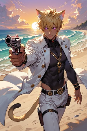 score_9, score_8_up, score_7_up, source_anime, detailed illustration, cowboy themed, ((sunset)), beach, outdoors, 1boy, solo, blonde, short hair, bangs, purple eyes, ((glowing eyes)), gunslinger, holding a gun, revolver, hair between eyes, hair covering ears, dynamic pose, cocky smile, handsome, white coat, catboy, cat boy, tan skin, 8k, blonde cat ears, fit, full body, blonde cat tail, quickdraw, cowboy clothes, 
