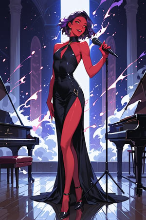 score_9, score_8_up, score_7_up, source_anime, detailed illustration, ballroom, night, from side, full body, indoors, 1girl, solo, red skin, purple hair, medium length hair, solo, ((singer))), slender, slim, fit, flat chested, sexy eyes, 8k, sexy, smoky eye makeup, earrings, dominatrix, (((singing))), cocktail dress, black dress, long skirt, slit skirt, sexy, lounge singer