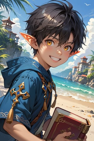 Score_9, score_8_up, score_7_up, source_anime, detailed illustration, fantasy themed, seaside city, outdoors, from side, 1boy, solo, black hair, short hair, child, looking at viewer, gold eyes, ((half-elf)), slightly pointed ears, short ears, fair skin, cute, grin, noble, noble clothes, blue jacket, bangs, hair between eyes, book, dynamic pose