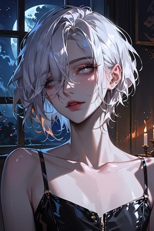 score_9, score_8_up, score_7_up, source_anime, (((beautiful, high quality))), upper body, solo, Changeling, gray skin, (light skin), white eyes, white hair, ((solid eyes))), dark eyelids, smoky eyeshadow, nonbinary, detailed illustration, fantasy themed, ((night, night sky)), window, from side, feminine, hair longer on one side, short hair, looking up at viewer through their lowered lashes, leather clothes, slender, slim, fit, flat chested, upper body, nervous, ((very dark room:1.2)), indoors, 8k, in love