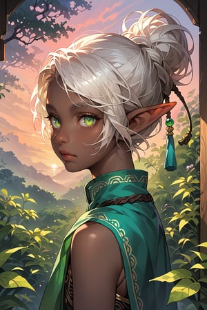 Score_9, score_8_up, score_7_up, source_anime, detailed illustration, fantasy themed, ((sunrise, sunrise sky)), forest, from side, 1girl, solo, child, white hair, hair bun, large hair bun at back of head, looking at viewer, ((druid)), heterochromatic, different colored eyes, only one green eye, only one gold eye, chinese clothing, upper body, calm, elf ears, pointy ears, dark elf, dark skin, black skin, ((very dark room:1.2)), outdoors, glowing eyes