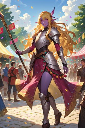 score_9, score_8_up, score_7_up, source_anime, detailed illustration, fantasy themed, full body, ((carnival)), 1girl, solo, ((yellow hair)), lighting farron, ffxiii, long hair, bangs, hair between eyes, parted on the side, beautiful, happy, ((purple skin)), ((magenta eyes)), (((glowing eyes))), elf, elf ears, outdoors, 8k, fit, silver armor, full armor, breastplate, flat chested