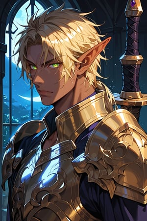 score_9, score_8_up, score_7_up, source_anime, detailed illustration, fantasy themed, ((night, night sky)), window, from side, 1boy, solo, looking at viewer, masculine, dark green eyes, armor, glowing eyes, serious face, swordsman, blonde, dark elf, upper body, ((very dark room:1.2)), indoors, dark skin, 8k, elf ears, handsome, no smile, sword, breastplate, purple and gold armor, angry