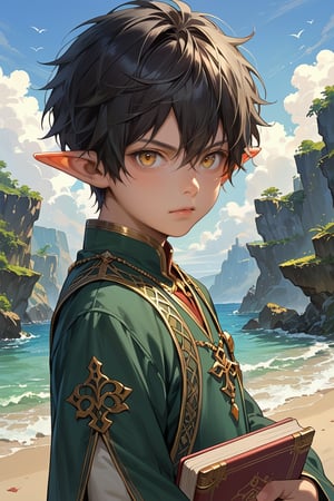 Score_9, score_8_up, score_7_up, source_anime, detailed illustration, fantasy themed, seaside city, outdoors, from side, 1boy, solo, black hair, short hair, child, looking at viewer, gold eyes, ((half-elf)), slightly pointed ears, short ears, fair skin, cute, serious, noble, noble clothes, bangs, hair between eyes, book, dynamic pose