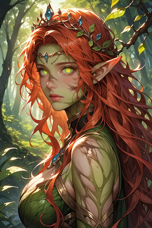 Prompt: score_9, score_8_up, score_7_up, source_anime, detailed illustration, fantasy themed, ((sunset)), forest, 1woman, solo, long red hair, lank hair, dirty hair, gaunt, thin, sickly, looking at viewer, from side, green skin, dark green eyes, (((glowing eyes))), redhead, elf ears, dryad, tiara, outdoors, sad, 8k, princess