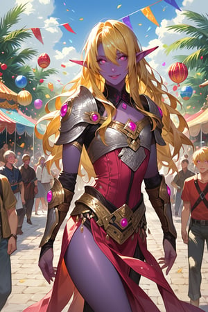 score_9, score_8_up, score_7_up, source_anime, detailed illustration, fantasy themed, full body, ((carnival)), 1girl, solo, ((yellow hair)), lighting farron, ffxiii, long hair, bangs, hair between eyes, parted on the side, beautiful, happy, ((purple skin)), ((magenta eyes)), (((glowing eyes))), elf, elf ears, outdoors, 8k, fit, silver armor, breastplate, flat chested