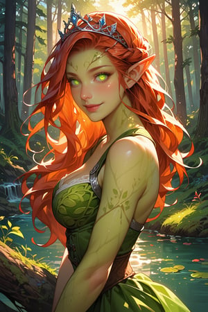 Prompt: score_9, score_8_up, score_7_up, source_anime, detailed illustration, fantasy themed, ((sunset)), forest, 1woman, solo, long red hair, slender, looking at viewer, from side, green skin, dark green eyes, (((glowing eyes))), redhead, elf ears, dryad, tiara, outdoors, soft smile, 8k, princess, medieval clothes, medieval dress, mother, older