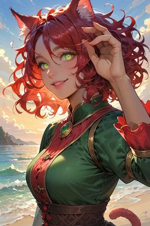 Score_9, score_8_up, score_7_up, source_anime, detailed illustration, fantasy themed, sunset, beach, outdoors, upper body, from side, 1girl, solo, red hair, medium length hair, messy hair, curly hair, looking at viewer, green eyes, glowing eyes, ((catgirl)), cat ears, red ears, red cat ears, red cat tail, tan skin, soft smile, pink lips, short, curvy, chubby, ((hair covering ears)), medieval clothes, bangs, hair between eyes, dynamic pose, ((sorceress)), (casting a spell)