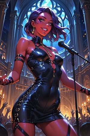 score_9, score_8_up, score_7_up, source_anime, detailed illustration, fantasy themed, ((night, night sky)), palace, on stage, 1girl, red skin, purple hair, medium length hair, solo, bard, leather clothes, slender, slim, fit, flat chested, cocky smile, ((very dark room:1.2)), indoors, sexy eyes, 8k, sexy, demigod, smoky eye makeup, earrings, playing music, musician, singing, lute, playing a lute, performing, dynamic pose, singing on stage, crowd listening below