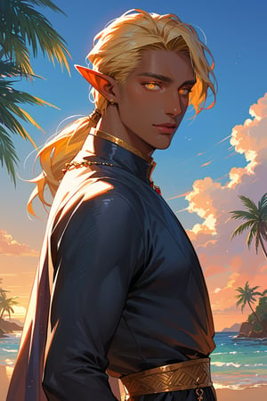 Score_9, score_8_up, score_7_up, source_anime, detailed illustration, fantasy themed, ((sunset, sunset sky)), tropical beach, ((very dark room:1.2)), outdoors, from side, 1boy, solo, blonde hair, ponytail, side bangs, looking at viewer, gold eyes, glowing eyes, sexy eyes, slender, fit, medieval clothes, upper body, elf ears, pointy ears, dark elf, ((dark skin)), black skin, ((nobleman)), flirty smile, sexy smile, handsome, sexy face