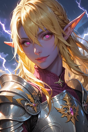 score_9, score_8_up, score_7_up, source_anime, detailed illustration, fantasy themed, lightning storm, 1girl, solo, upper body, ((yellow hair)), lighting farron, ffxiii final fantasy 13, long hair, bangs, hair between eyes, parted on the side, cocky smile, ((purple skin)), colored skin, ((glowing eyes)), magenta eyes, elf, elf ears, outdoors, 8k, fit, toned, silver armor, full armor, beautiful, sexy eyes, ((knight)), flat chested