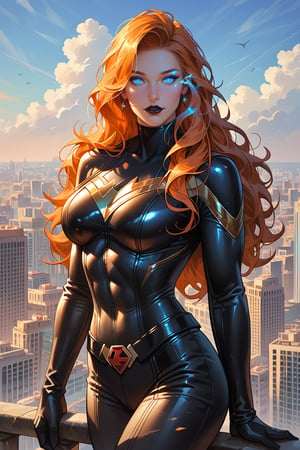 score_9, score_8_up, score_7_up, source_comics, detailed illustration, superhero themed, city, 1girl, solo, orange hair, bangs, blue eyes, (((glowing eyes))), black leather supersuit with pants, black leather, dc comics, long hair, parted lips, outdoors, sexy eyes, 8k, fit, toned, black lips black lipstick, beautiful