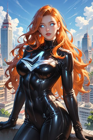 score_9, score_8_up, score_7_up, source_comics, detailed illustration, superhero themed, city outdoors, 1girl, solo, orange hair, long hair, bangs, blue eyes, (((glowing eyes))), black leather supersuit with pants, black leather, superhero, parted lips, sexy eyes, 8k, fit, toned, black lips black lipstick, beautiful, star symbol in the center of chest, star symbol on supersuit