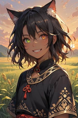 Score_9, score_8_up, score_7_up, source_anime, detailed illustration, fantasy themed, ((sunset, sunset sky)), plains, 1girl, solo, black hair, medium length hair, looking at viewer, child, heterochromia, only one green eye, only one gold eye, glowing eyes, grin, black cat ears, catgirl, dark skin, ((very dark room:1.2)), outdoors, chinese clothes, bangs, hair between eyes, 