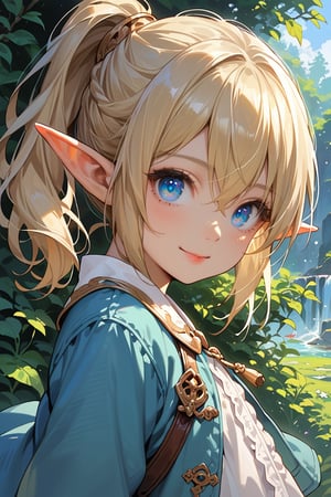 Score_9, score_8_up, score_7_up, source_anime, detailed illustration, fantasy themed, fantasy academy, outdoors, from side, 1girl, solo, blonde hair, ponytail, child, looking at viewer, blue eyes, glowing eyes, elf, elf ears, pointed ears, fair skin, cute, soft smile, white blouse, blue jacket, bangs, hair between eyes, dynamic pose