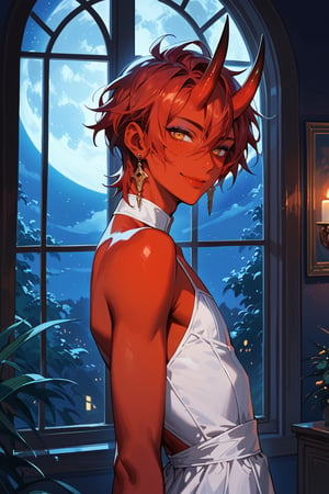 score_9, score_8_up, score_7_up, source_anime, detailed illustration, fantasy themed, ((night, night sky)), window, from side, 1boy, red skin, dark red hair, white dress, crossdressing, medium length hair, solo, looking at viewer, slender, fit, upper body, cocky smile, ((very dark room:1.2)), indoors, sexy eyes, 8k, sexy, smoky eyeshadow, earrings, very short devil horns, short horns, tiny horns, bangs, hair between eyes, thin, flat chested, twink, man