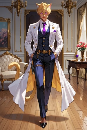 score_9, score_8_up, score_7_up, source_anime, detailed illustration, ballroom, indoors, 1boy, solo, full body, blonde, short hair, bangs, purple eyes, ((glowing eyes)), revolver, gunbelt, hair between eyes, hair covering ears, cocky smile, handsome, white coat, formal clothes, catboy, cat boy, tan skin, 8k, blonde cat ears, fit, full body, blonde cat tail