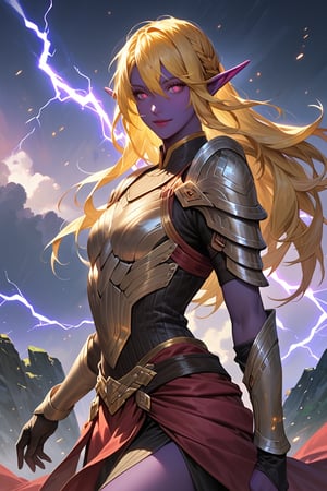 score_9, score_8_up, score_7_up, source_anime, detailed illustration, fantasy themed, full body, lightning storm, 1girl, solo, ((yellow hair)), lighting farron, ffxiii, long hair, bangs, hair between eyes, parted on the side, beautiful, happy, ((purple skin)), ((magenta eyes)), (((glowing eyes))), elf, elf ears, outdoors, 8k, fit, silver armor, breastplate, flat chested