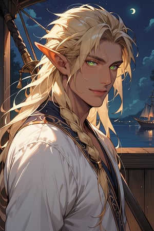 score_9, score_8_up, score_7_up, source_anime, detailed illustration, fantasy themed, ((night, night sky)), window, from side, 1boy, solo, long hair, looking at viewer, masculine, green eyes, silver spear, painter's shirt, blonde, elf, partially braided hair, side baids, upper body, ((very dark room:1.2)), outdoors, sailing ship deck, glowing eyes, tan skin, 8k, blonde long hair, elf ears, handsome, beautiful smile, one color eyes, no sclera
