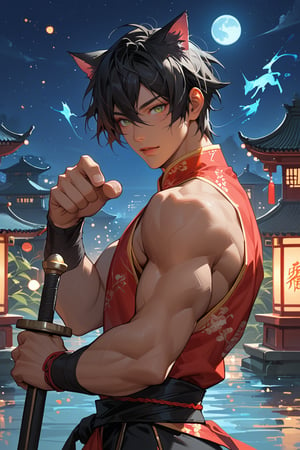 Score_9, score_8_up, score_7_up, source_anime, detailed illustration, fantasy themed, ((night, night sky)), chinese city, seaside, outdoors, from side, 1boy, solo, black hair, tan skin, looking at viewer, dark green eyes, ((chinese martial artist)), chinese clothes, dynamic pose, upper body, cat ears, black cat ears, fit, toned, hair between eyes, pants, holding a sword in his hand, ((jian_(weapon)))