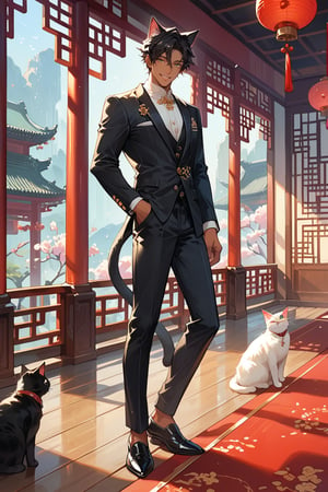 Score_9, score_8_up, score_7_up, source_anime, detailed illustration, chinese ballroom, full body, from side, indoors, 1boy, solo, black hair, (((tan skin))), dark green eyes, formal clothes, chinese suit, cat ears, black cat ears, fit, handsome, hair between eyes, pants, soft smile